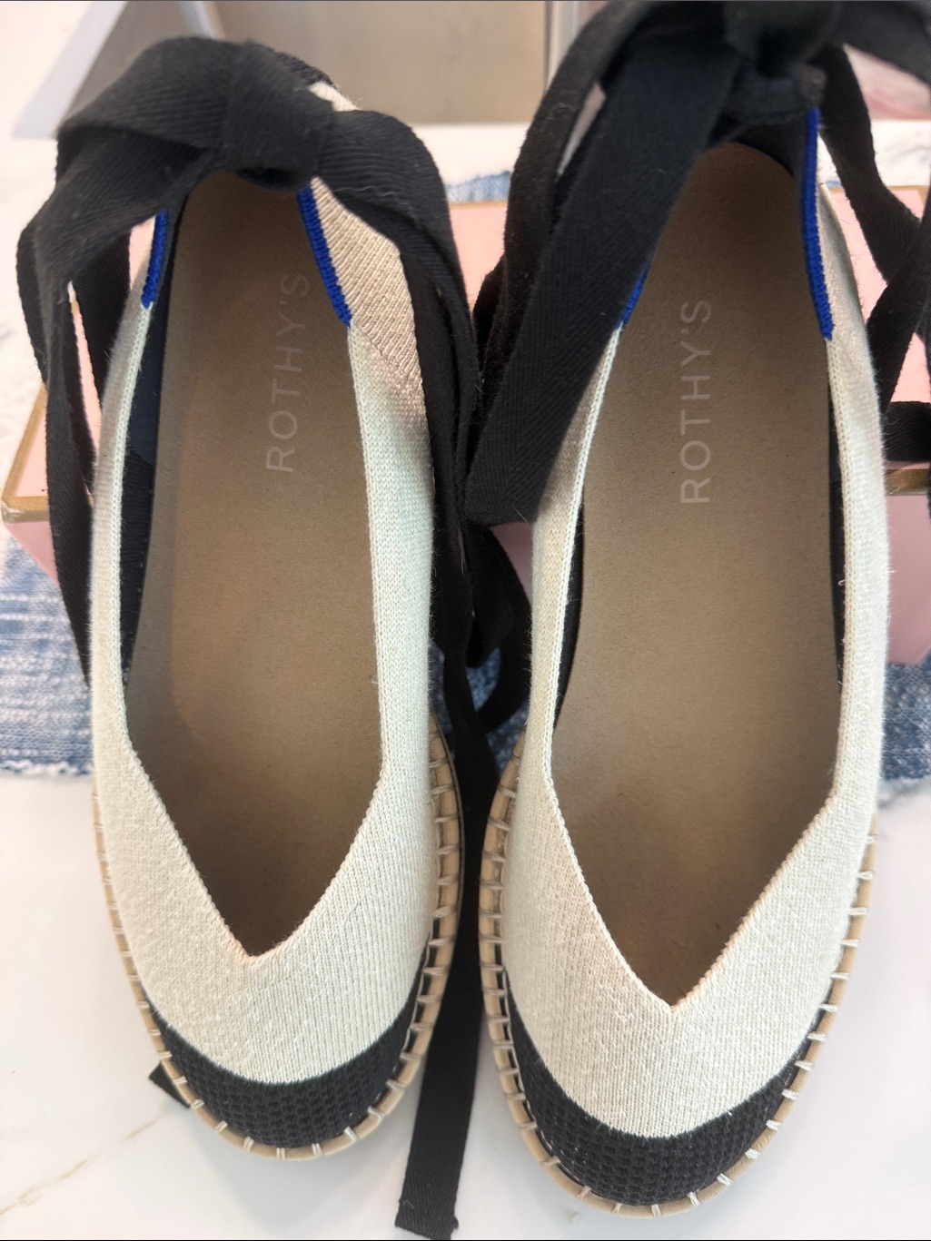 Rothy's Cream & Black Espadrille Tie-Back Flats